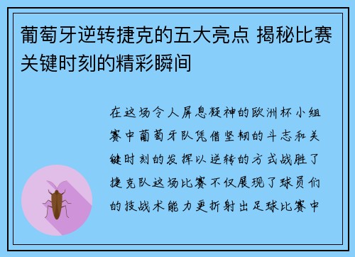 葡萄牙逆转捷克的五大亮点 揭秘比赛关键时刻的精彩瞬间