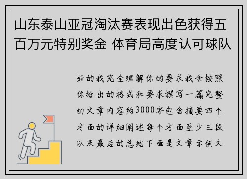 山东泰山亚冠淘汰赛表现出色获得五百万元特别奖金 体育局高度认可球队努力